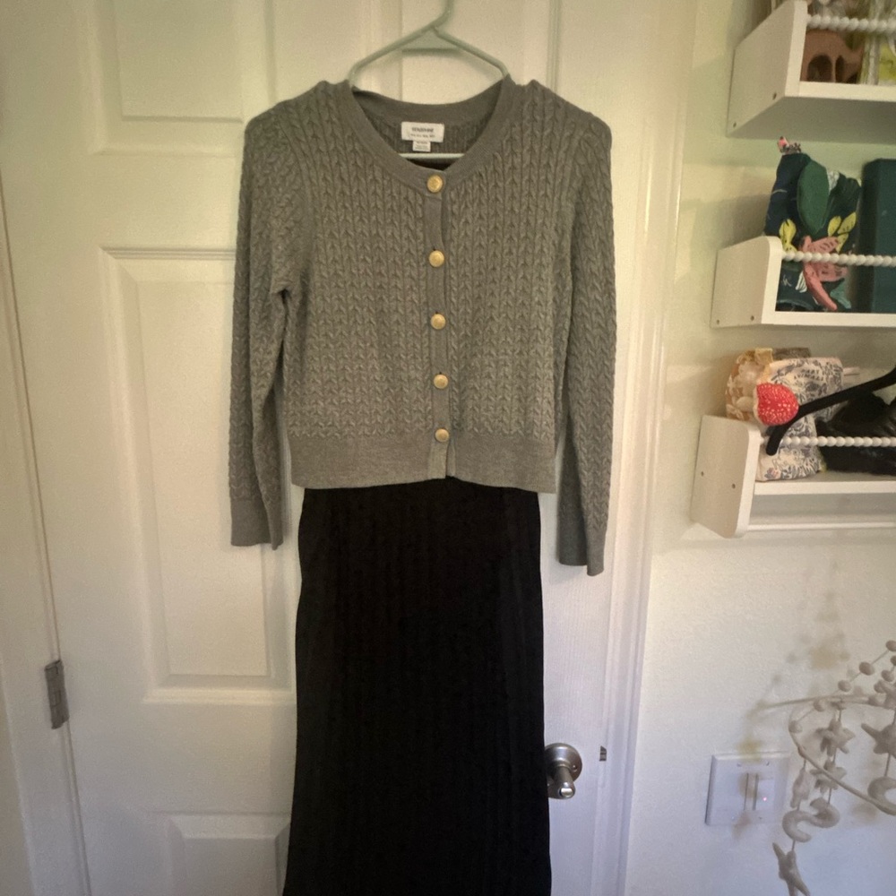 Seraphine Gray Cardigan and Black Midi Skirt